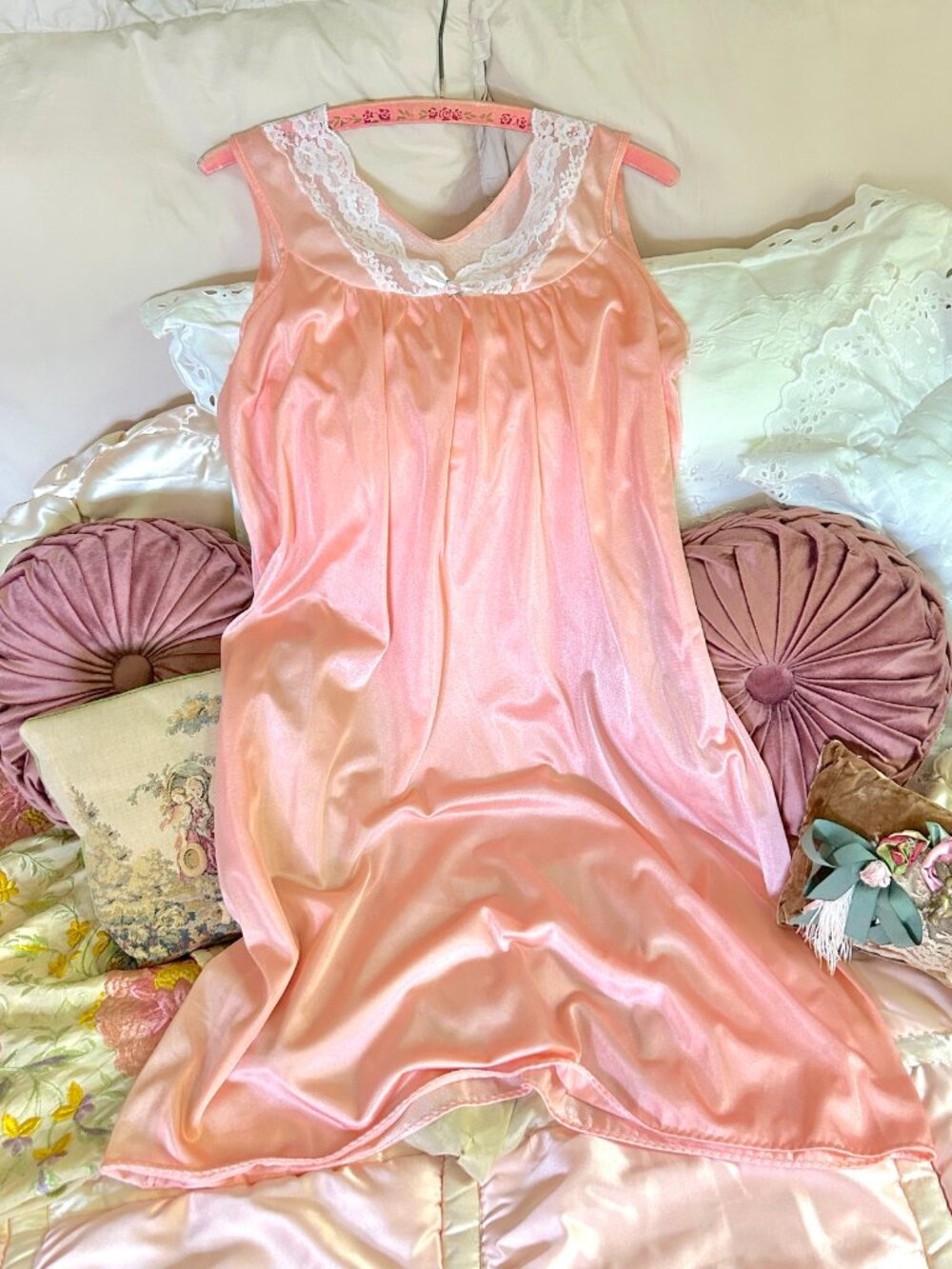 Vintage Peach Pink Babydoll Nightgown, White Lace Ruffles, Rosette Bow, Lingerie
